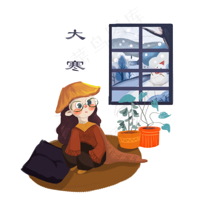 大寒少女雪窗外二十四节气(3000X3000(DPI:300))psd模版下载