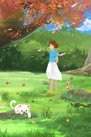 春天夏至清新唯美治愈樱花少女小狗花卉节气