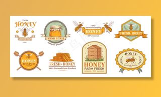 亲爱的徽章。天然蜂农产品标签，有机养蜂花粉和蜜蜂蜂巢徽章插图集