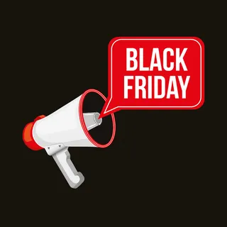 黑色背景上带有扩音器和语音气泡的黑色星期五横幅banner