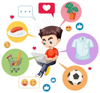 穿红衫的男孩在笔记本电脑上搜索图标，搜索白色背景上孤立的卡通人物