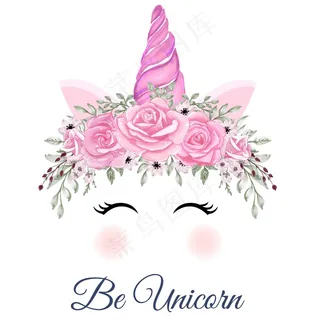 独角兽冠水彩花玫瑰粉红橙色手绘插图