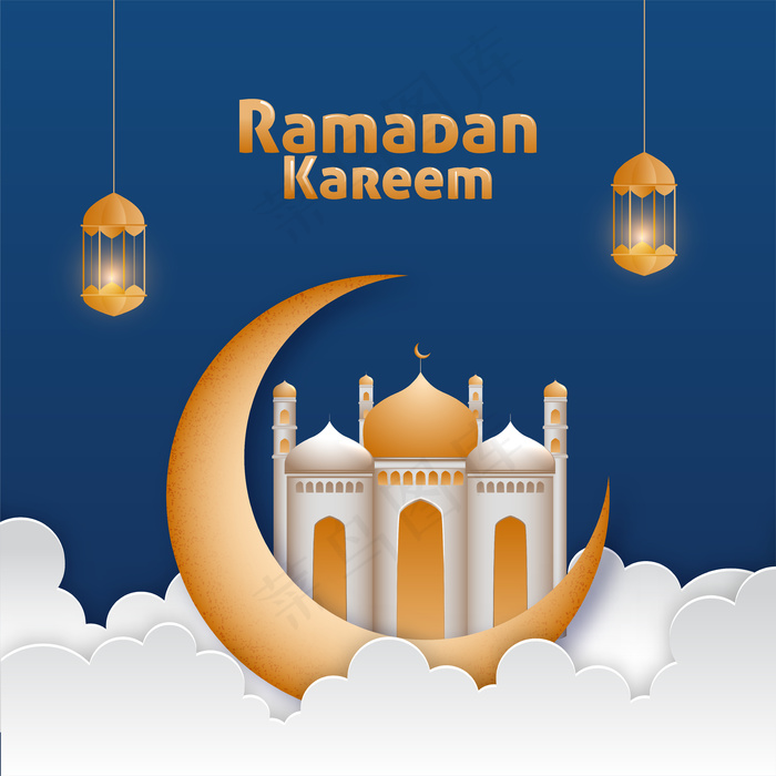 斋月斋月，月牙形，云彩和灯笼点亮