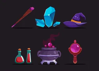 魔法棒，魔法宝石，女巫帽，毒药，大锅，圆球等6个女巫角色的资产项目。