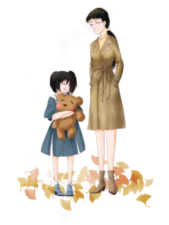 秋季主题母亲和小女孩动漫人物插