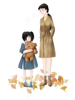 秋季主题母亲和小女孩动漫人物插