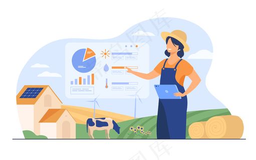 快乐的女农场主在农场养活人口平面矢量图。采用自动化技术的卡通农场。