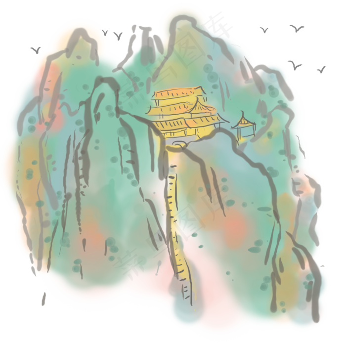 中国风水墨山峰和房屋