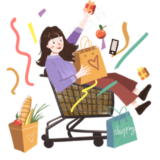 双十一手绘坐在购物车里面的女孩
