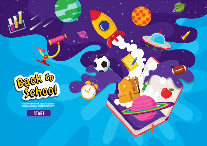 回到学校，书籍灵感，横幅banner设计，矢量图。