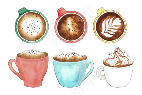 一套彩色咖啡杯和热巧克力马克杯。水彩插图元素