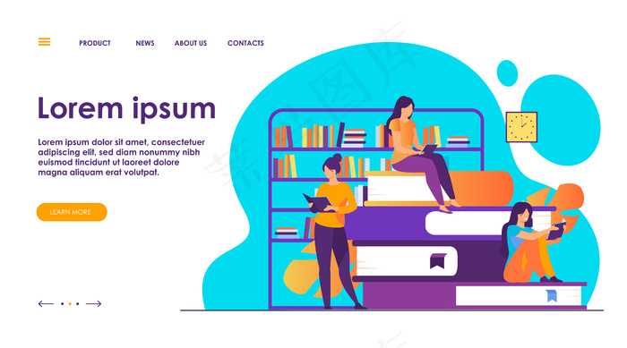 读者概念。人们坐在图书馆的书堆上，女人在家里读课本