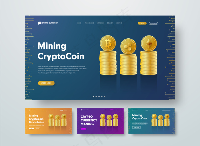 用于加密货币的模板web标头，包含金币、比特币、以太坊和ripple。eps,ai矢量模版下载