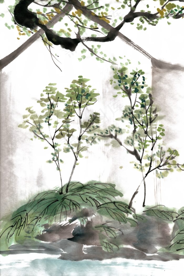 院落水墨画PNG免抠素材