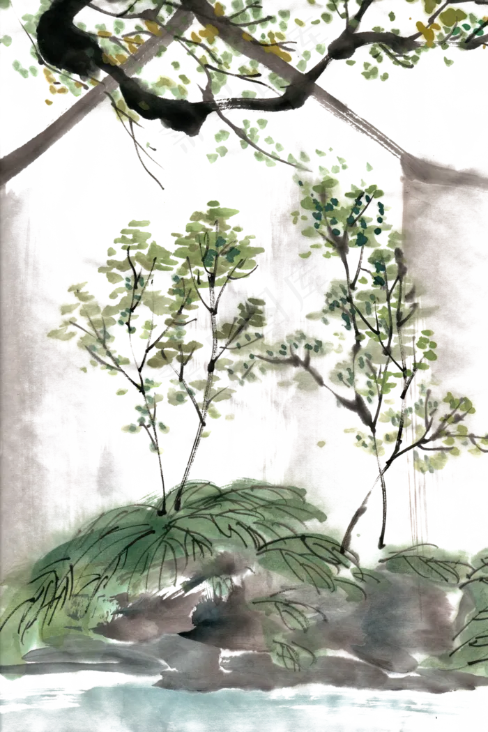 院落水墨画PNG免抠素材(3666X5500(DPI:300))psd模版下载