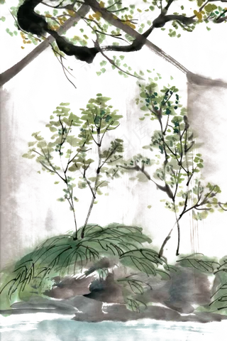 院落水墨画PNG免抠素材
