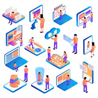 一套孤立的等轴测人界面与计算机设备的图标和象形图与人的字符矢量插图