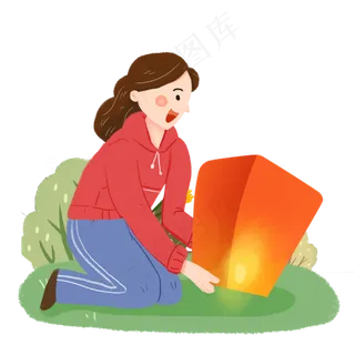 手绘中秋节女孩放孔明灯素材