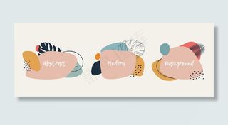 现代抽象艺术背景，以植物棕榈叶和抽象的几何图形为背景，用柔和的颜色。为您设计的一套时尚创意夏季横幅banner。