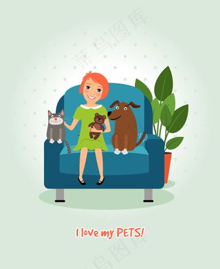 我爱我的宠物。坐在扶手椅上和猫狗在一起的女孩。快乐和友谊。矢量图