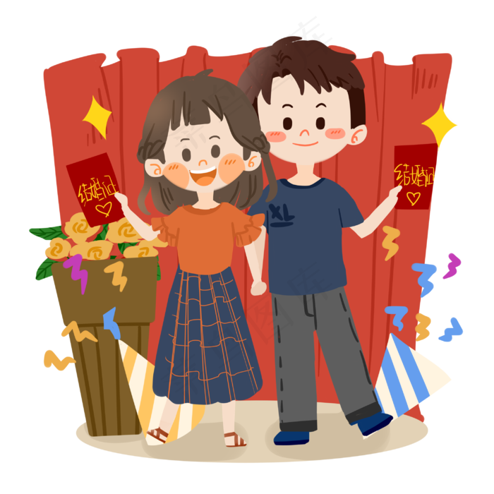 七夕卡通情侣一起逛街PNG素材