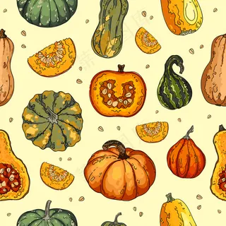 南瓜蔬菜、葫芦和南瓜图案。适合感恩节、丰收和万圣节的秋季纹理。