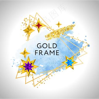 圣诞框架庆祝背景与蓝色水彩画金色星星和文字的地方。