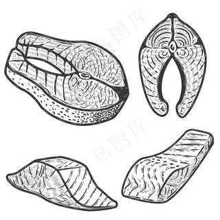 白底三文鱼肉片。菜单、标签、徽章、标志、海报的元素。插图。