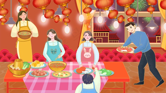 新年春节牛年2021烟火烟团圆聚餐