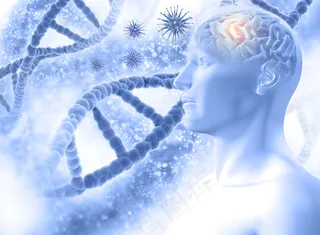 3d医学背景，一个有大脑和病毒细胞的男性形象