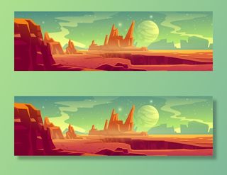 外星行星景观为太空游戏背景。卡通幻想宇宙和火星表面与红色沙漠和岩石，卫星和星星在天空中的插图