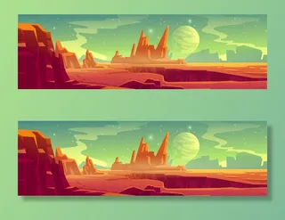 外星行星景观为太空游戏背景。卡通幻想宇宙和火星表面与红色沙漠和岩石，卫星和星星在天空中的插图