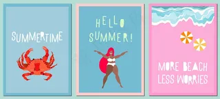 一*代夏日贺卡。各种手绘卡片、海报。关于夏天的现代手写语录。度假和旅游概念。海边的波浪，红色的螃蟹和快乐的女孩。