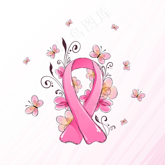 乳腺癌宣传月彩带插图与鲜花和蝴蝶eps,ai矢量模版下载