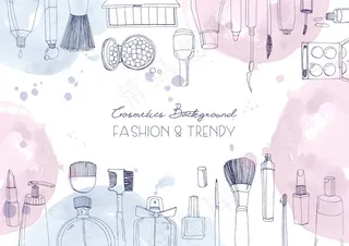 时尚化妆品水平背景与化妆艺术家对象和水彩画点。手绘插图和文字位置。