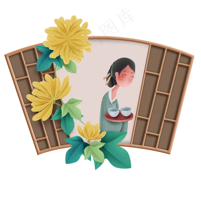 中国风赏菊喝茶的汉服女孩(2000*2000px 300 dpi )psd模版下载