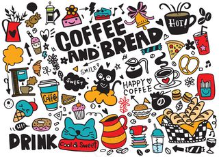 一套手绘咖啡和美味糖果彩色插图