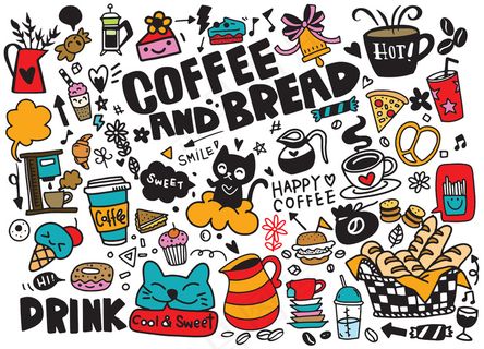 一套手绘咖啡和美味糖果彩色插图 一套手绘咖啡和美味糖果彩色插图