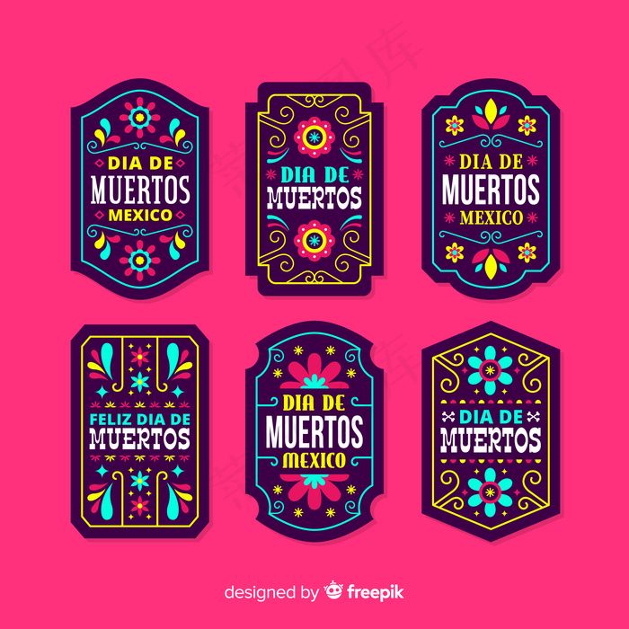 平面设计dia de muertos标签系列eps,ai矢量模版下载