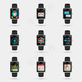 一组smartwatch图标。wifi、地图和天气、日历和音乐、导航和信息