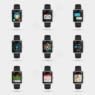 一组smartwatch图标。wifi、地图和天气、日历和音乐、导航和信息