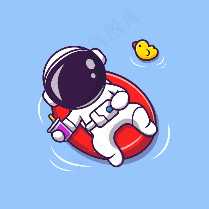 可爱的宇航员夏天漂浮在沙滩上与气球卡通插图。科学夏季概念。平面卡通风格