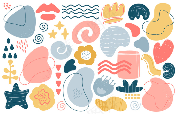 抽象涂鸦元素。时尚现代手绘纹理造型，创意当代审美涂鸦元素插画集。纹理图案，现代素描