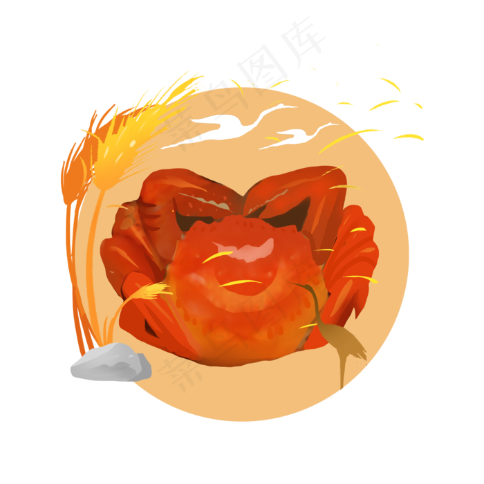 手绘大闸蟹芦苇白鹭PNG免抠素材