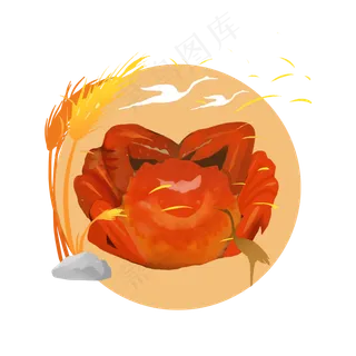 手绘大闸蟹芦苇白鹭PNG免抠素材