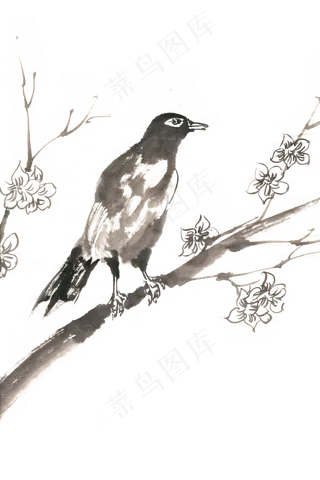 喜鹊梅花水墨画PNG免抠素材