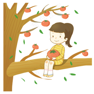 手绘24节气寒露摘柿子的小女孩