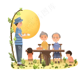 在外面吃月饼赏月的一家人  在外面吃月饼赏月的一家人