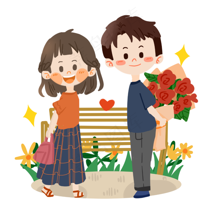 七夕卡通情侣送花PNG素材