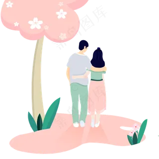 樱花树下浪漫散步的情侣情人节设